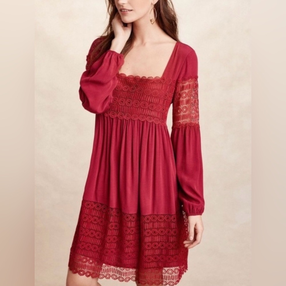 Anthropologie Floreat Aveline Raspberry Red Crochet Lace Mini Babydoll Dress Sz8